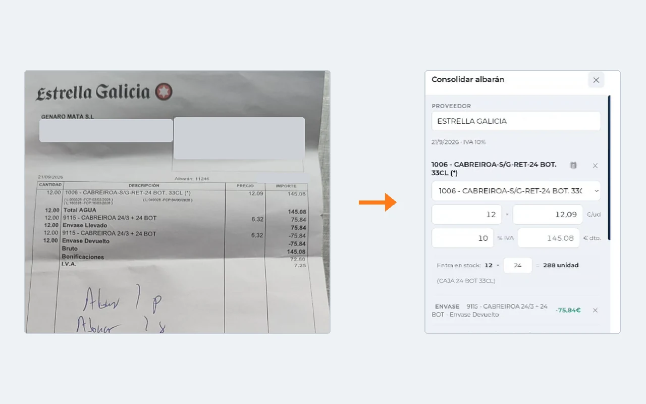 Albarán de Estrella Galicia fotografiado y, al lado, las líneas que CosteOS ha leído de la foto para confirmarlas (datos personales tapados)